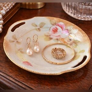 Vintage Nippon Hand Painted Floral Trinket Dish w Handles 5x6